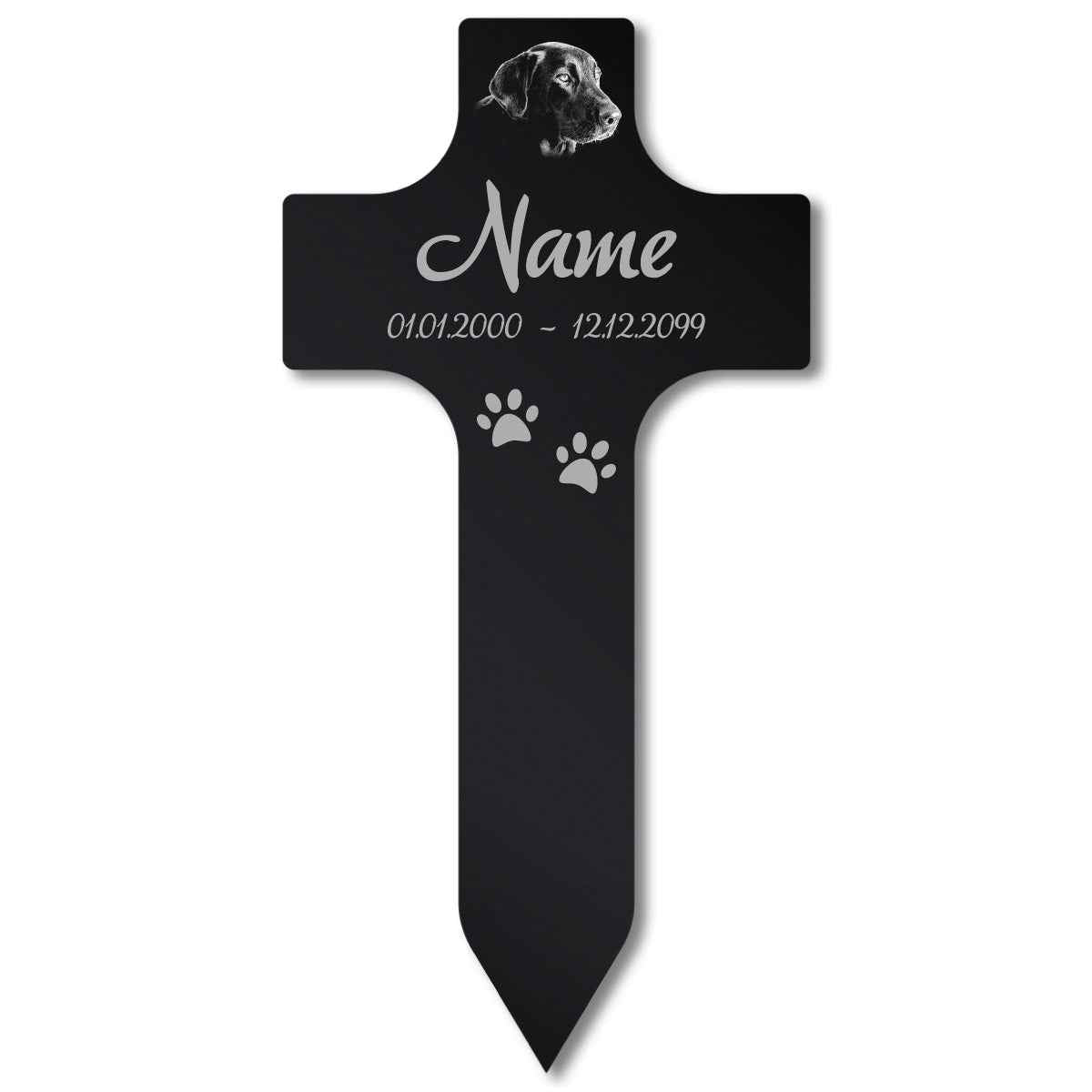 Grabkreuz für Tiere mit Foto – Acrylglas schwarz mit Hundefoto, Name, Daten und Pfoten