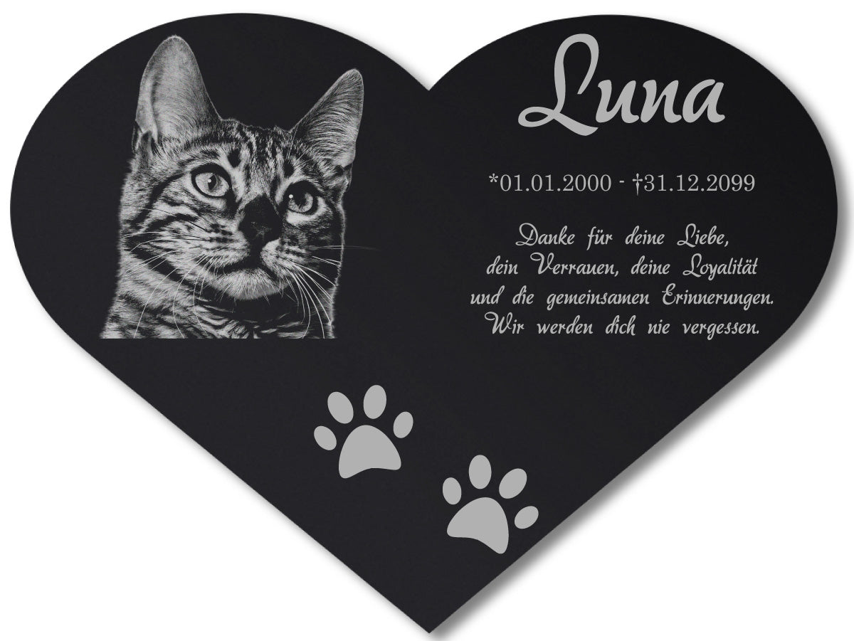 Grabstein Katze in Herzform mit Foto – Acrylglas schwarz mit Lasergravur, Name und Spruch