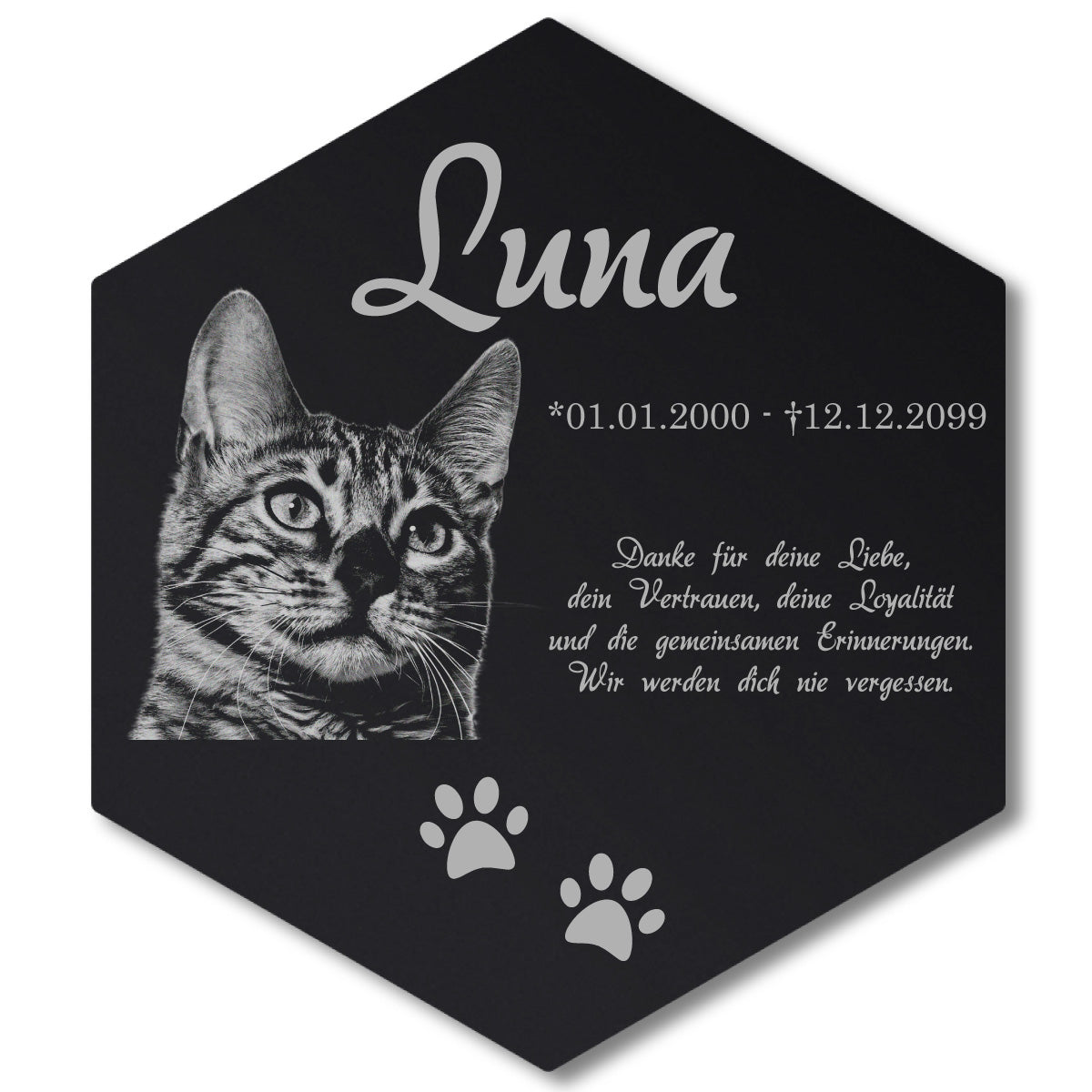 Grabplatte Katze mit Foto – Sechseck aus schwarzem Acrylglas mit Lasergravur, Name, Spruch und Pfoten