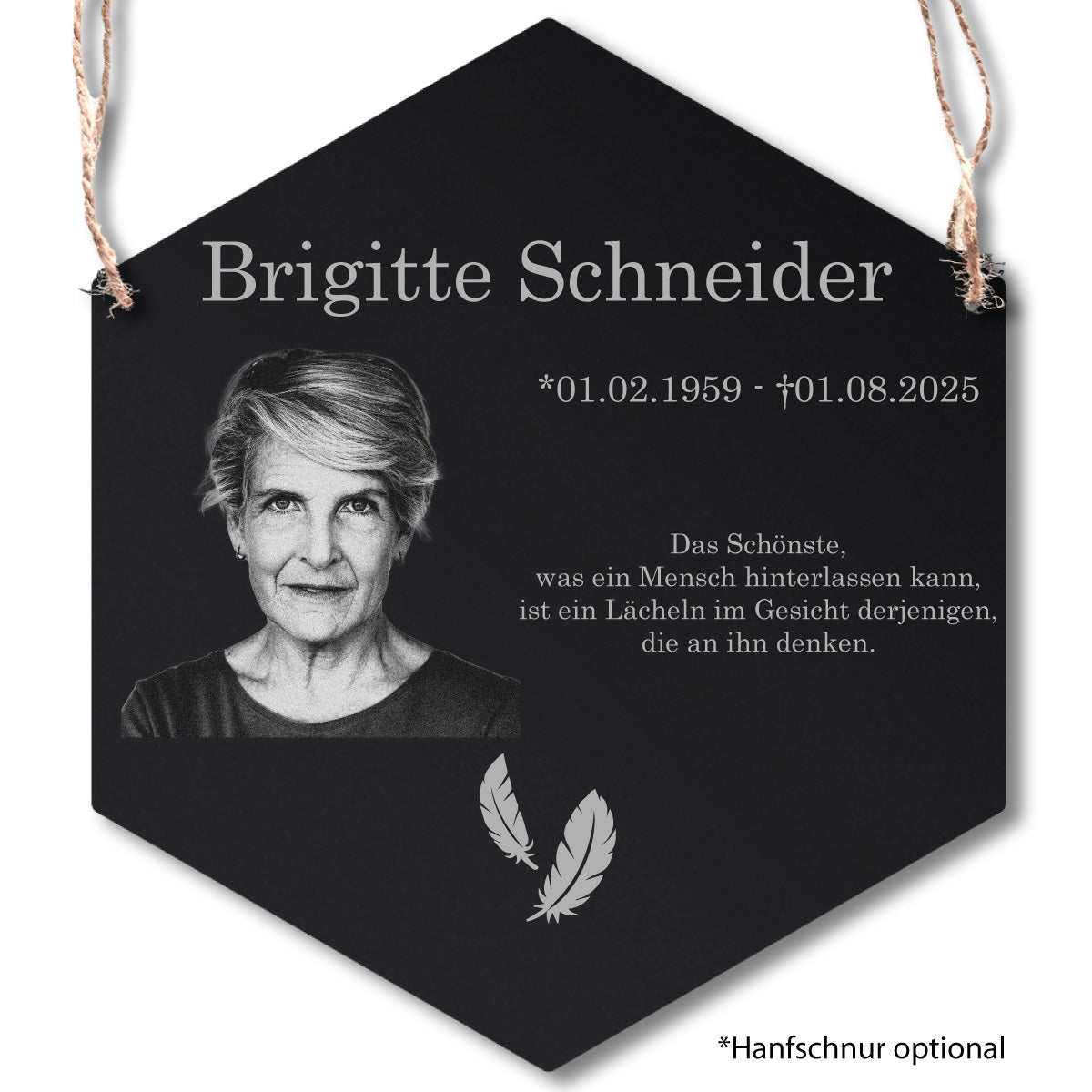 Acrylglas Sechseck Grabschmuck - Foto Lasergravur Hanfschnur