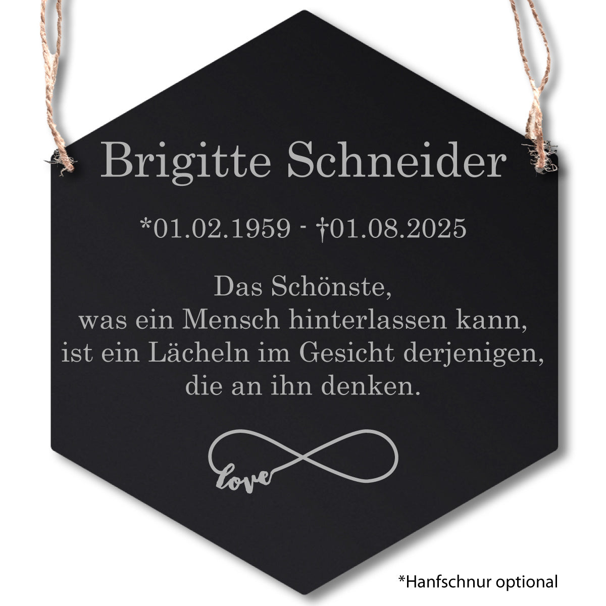 Acrylglas Sechseck Grabschmuck - Text Lasergravur Hanfschnur