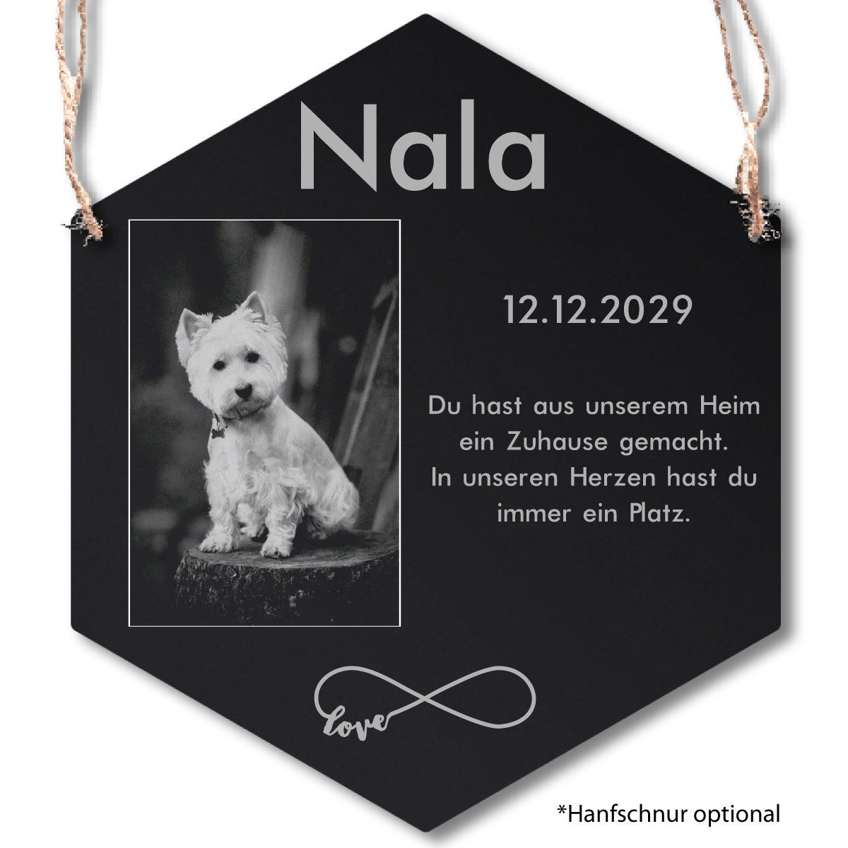Gedenkplatte Hund mit ganzem Foto und Unendlich-Zeichen, an Hanfschnur aufgehängt