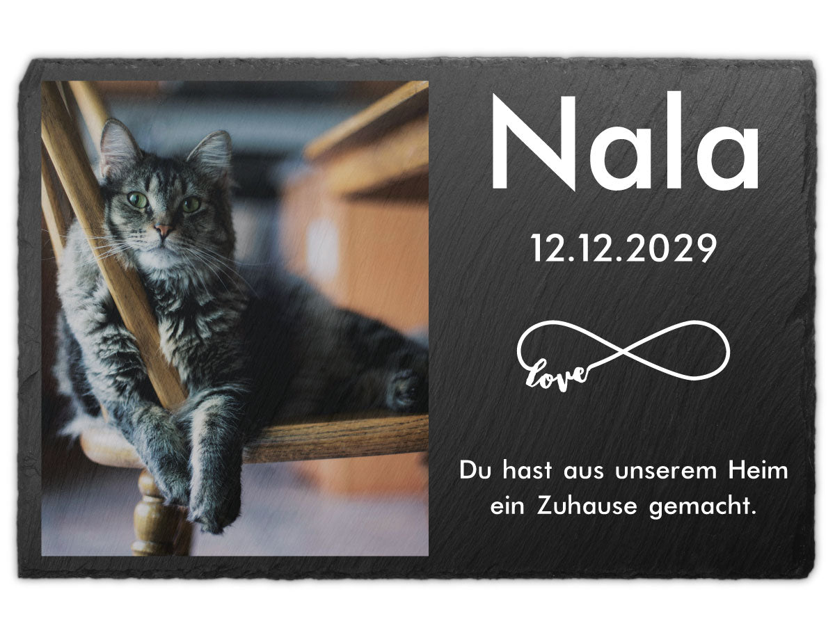 Katzengrabstein mit Foto in Farbe – ganzes Foto samt Umgebung auf Schiefer gedruckt