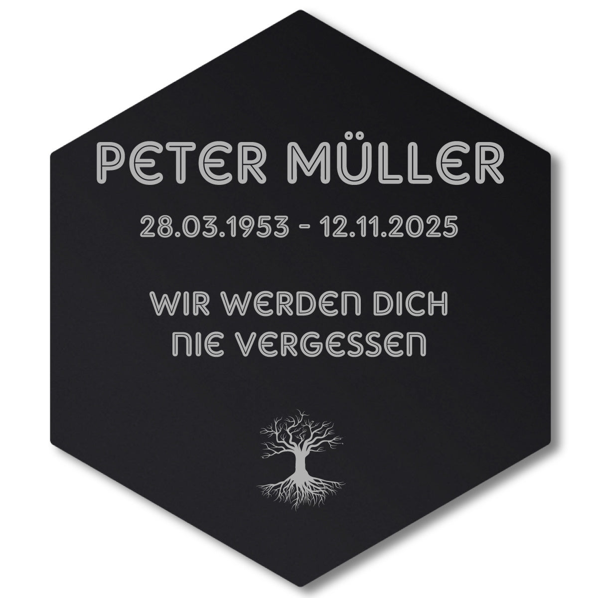 Acrylglas Sechseck Grabschmuck - Text Lasergravur Beispielgravur
