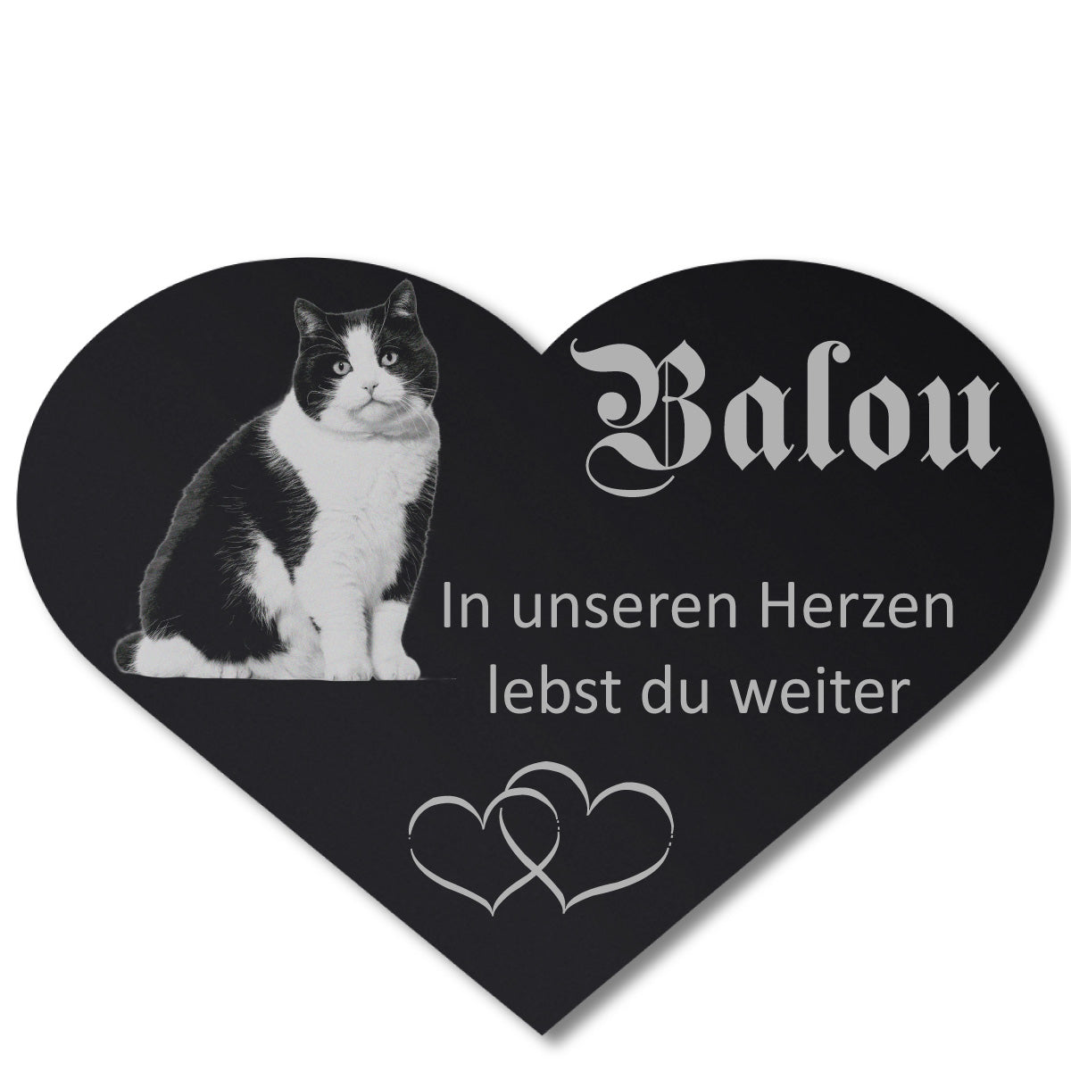 Grabschmuck Katze: freigestellte schwarz-weiße Katze auf Acrylglas-Herz