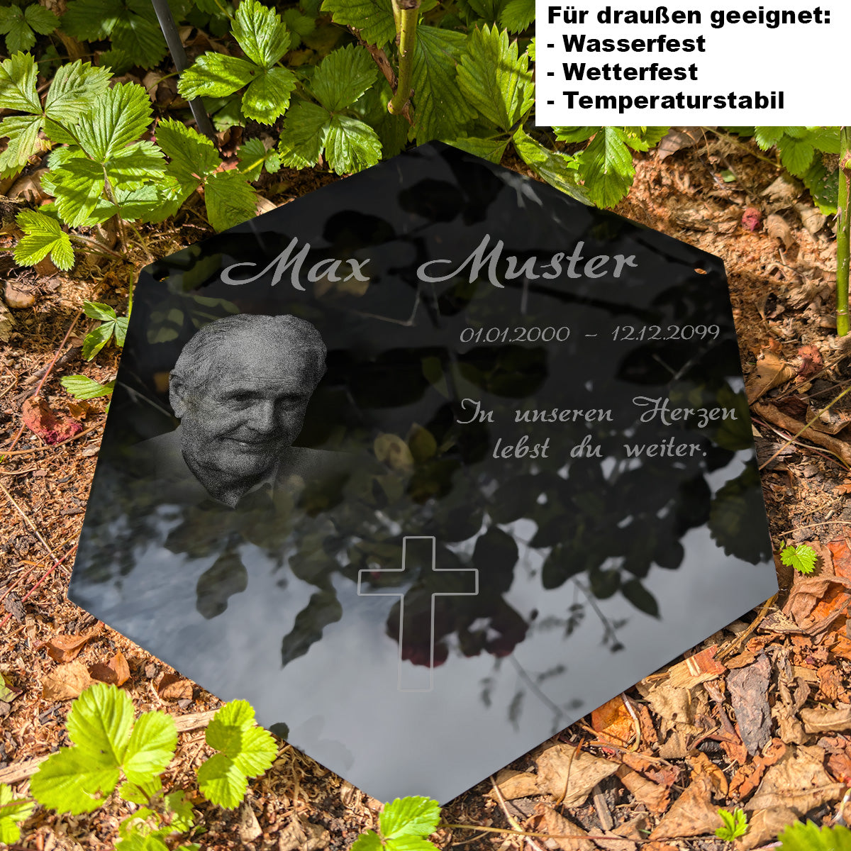 Acrylglas Sechseck Grabschmuck - Foto Lasergravur Außenbereich