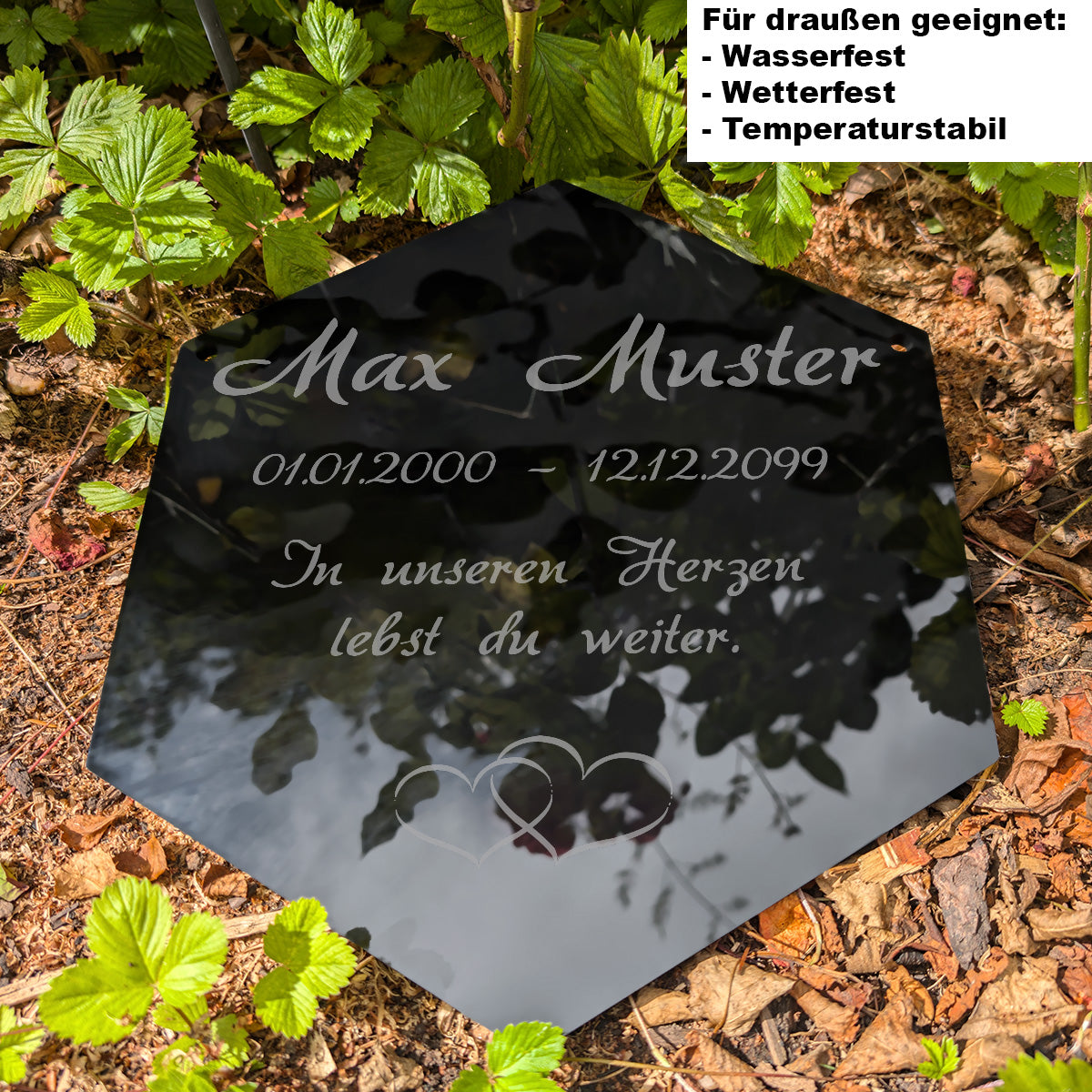 Acrylglas Sechseck Grabschmuck - Text Lasergravur Außenbereich