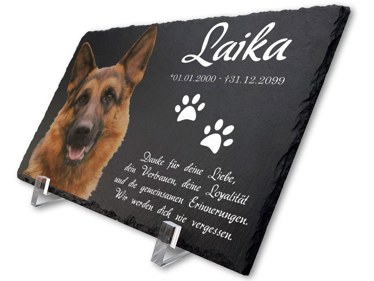 Farbig bedruckter Schiefer-Grabstein für Hund auf Acrylständer