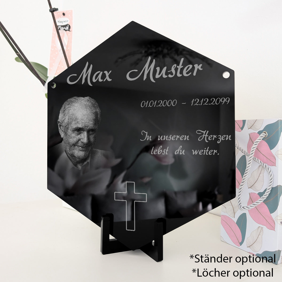 Acrylglas Sechseck Grabschmuck - Foto Lasergravur Innenbereich