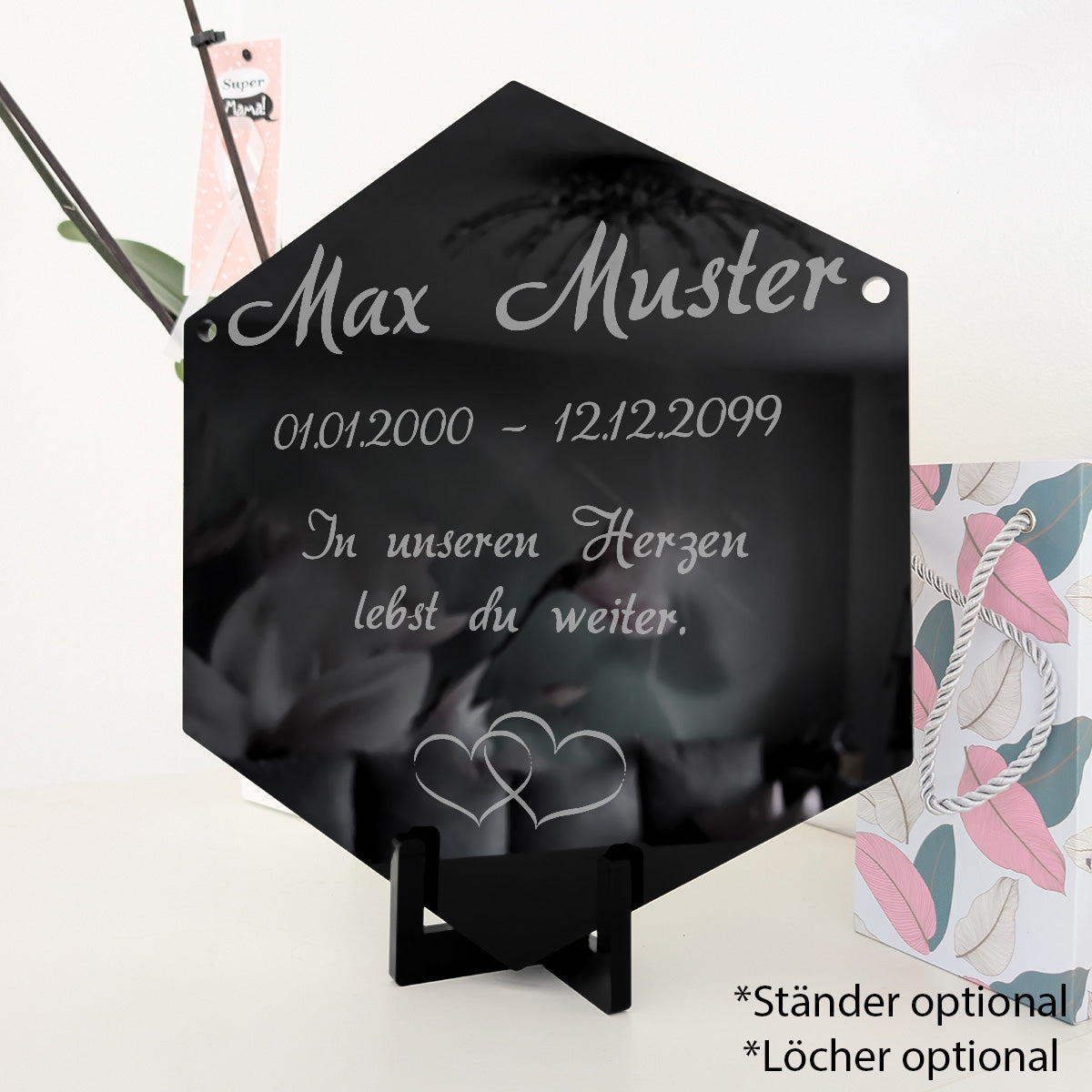Acrylglas Sechseck Grabschmuck - Text Lasergravur Innenbereich