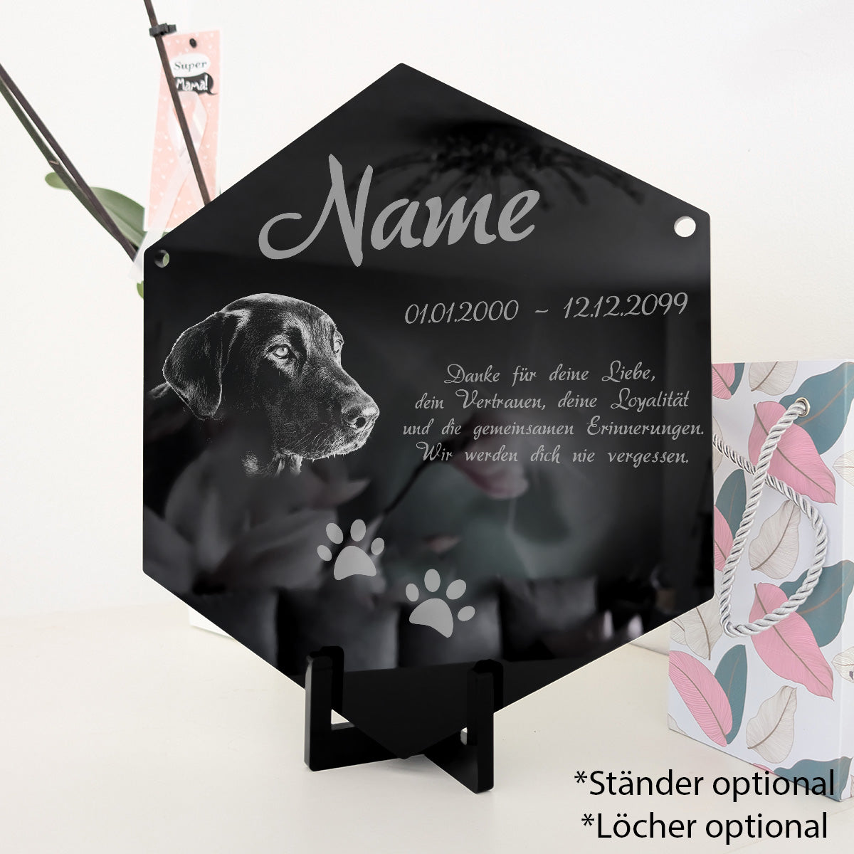 Acrylglas Tier Grabschmuck Sechseck - Foto Lasergravur Innenbereich