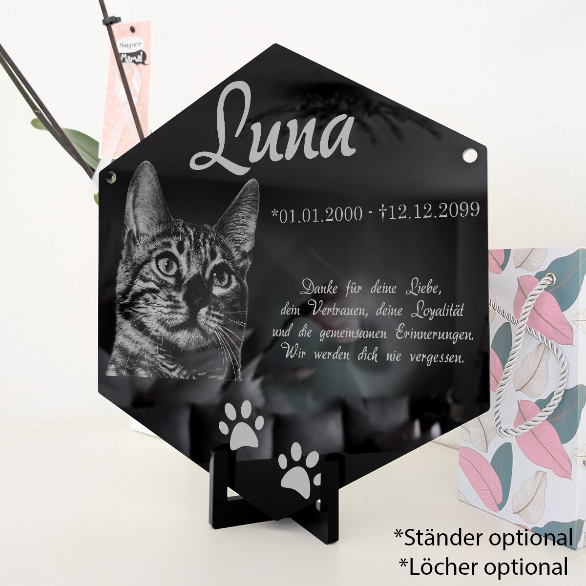 Acrylglas-Sechseck für Katze auf schwarzem Acrylständer