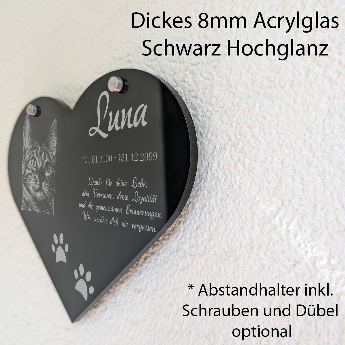 Katzen-Gedenkherz aus 8 mm Acrylglas mit Abstandhaltern an der Wand
