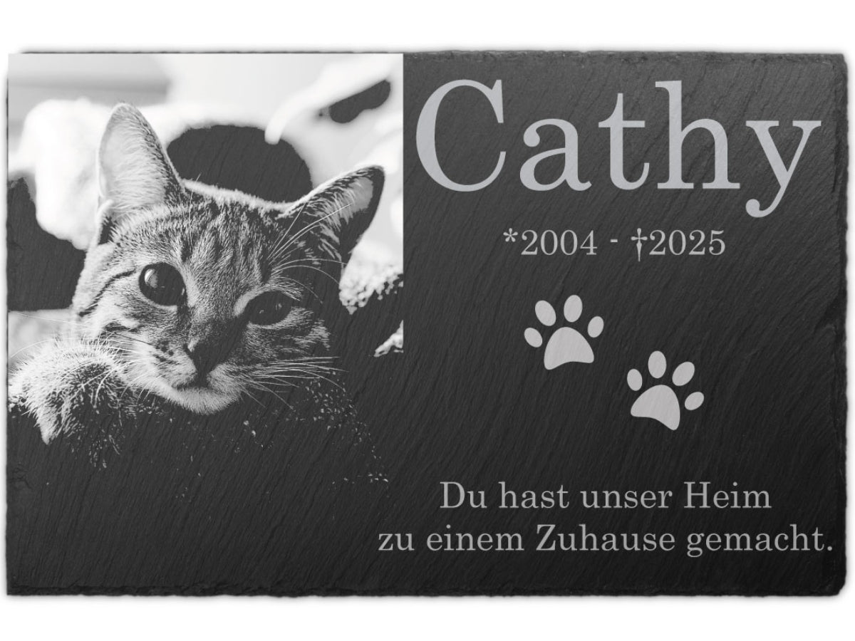 Personalisierter Schiefer Tiergrabstein 30x20cm - Foto Lasergravur Katze