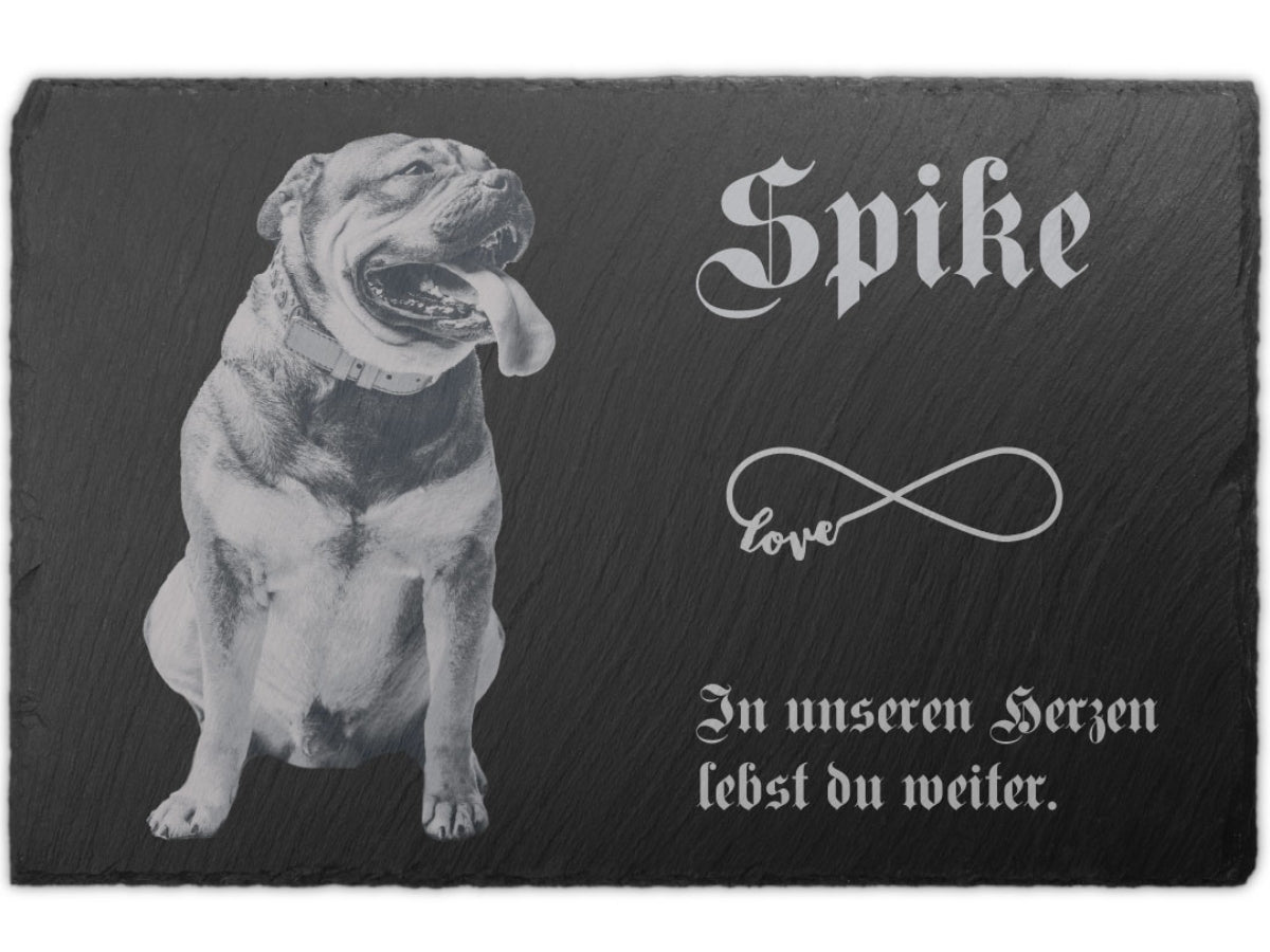 Personalisierter Schiefer Tiergrabstein 30x20cm - Foto Lasergravur Hund