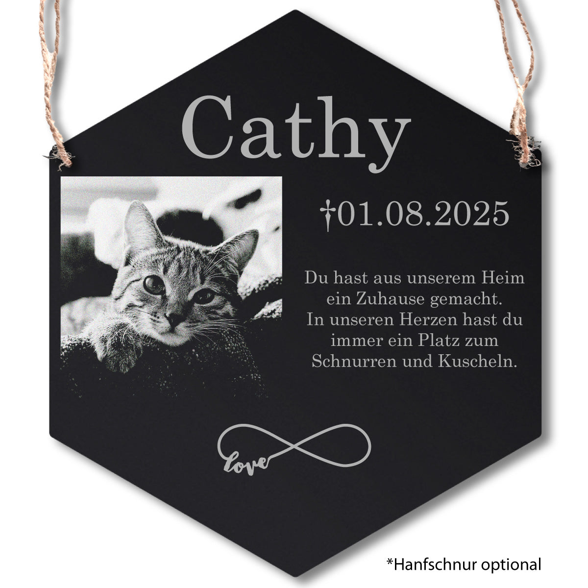 Acrylglas Tier Grabschmuck Sechseck - Foto Lasergravur zum Aufhängen