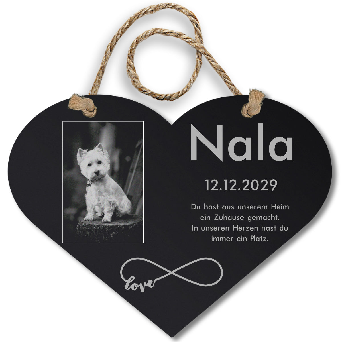 Acrylglas-Herz mit ganzem Hundefoto, an Hanfschnur aufgehängt
