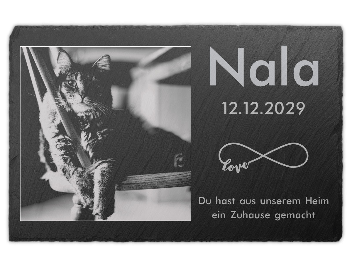 Grabstein Katze mit Foto Lasergravur – Schiefer 30 × 20 cm