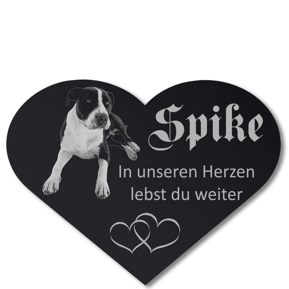 Grabschmuck mit Foto: freigestellter Hund auf schwarzem Acrylglas-Herz