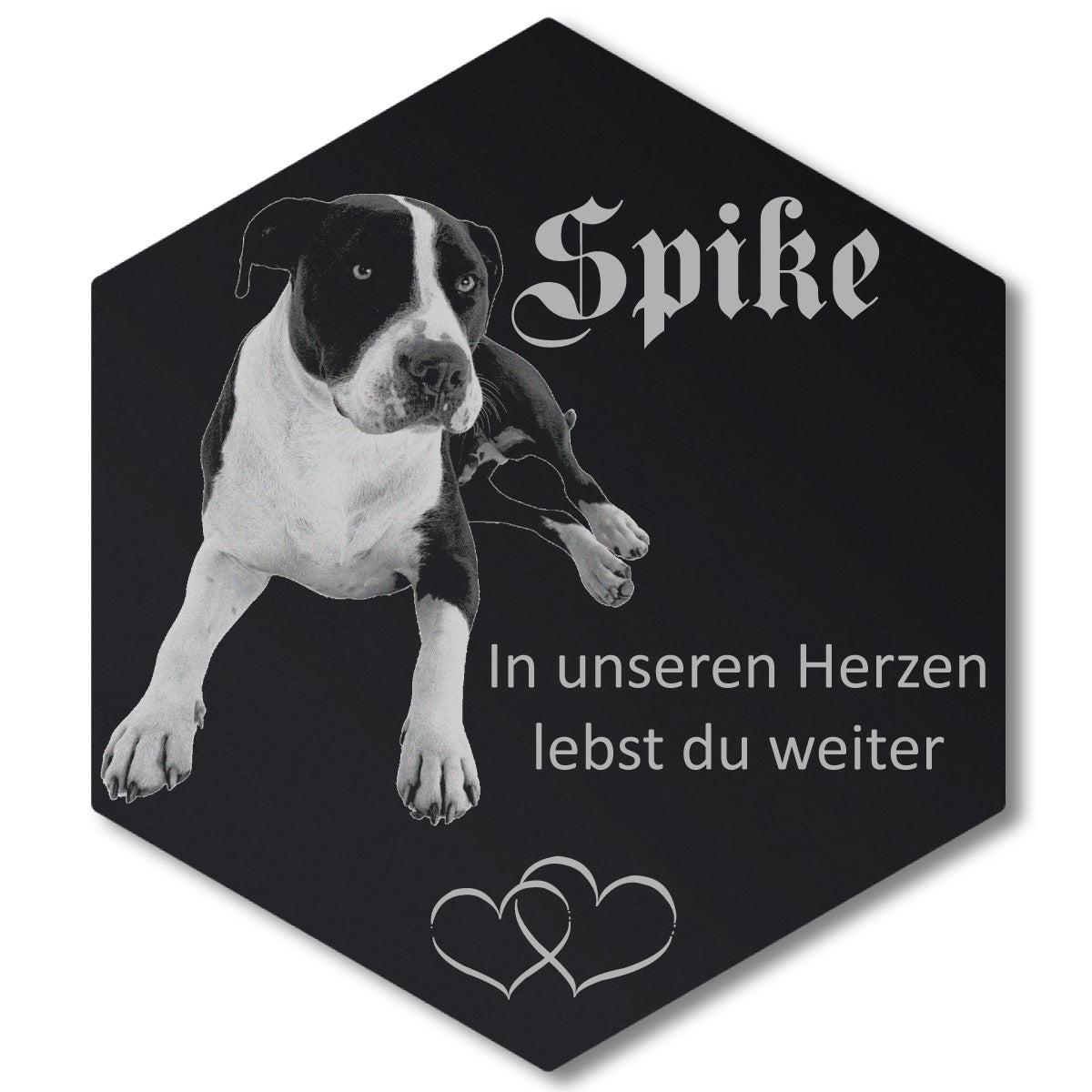 Grabplatte Hund: freigestellter Hund mit Herzen auf schwarzem Acrylglas-Sechseck