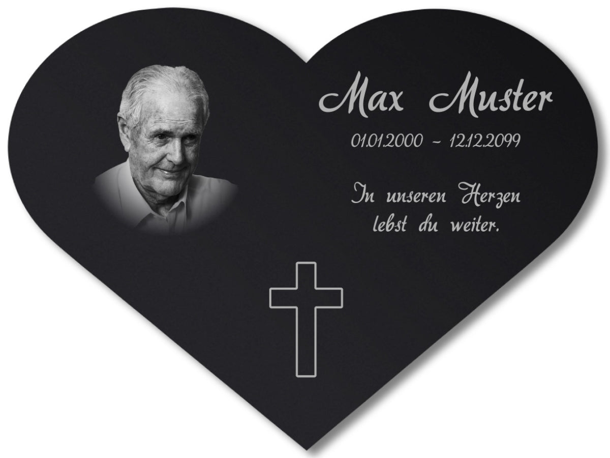 Acrylglas Grabschmuck für Menschen als Herz Schwarz mit Foto Lasergravur
