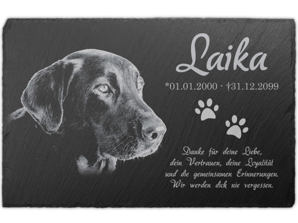 Personalisierter Schiefer Tiergrabstein 30x20cm - Foto Lasergravur
