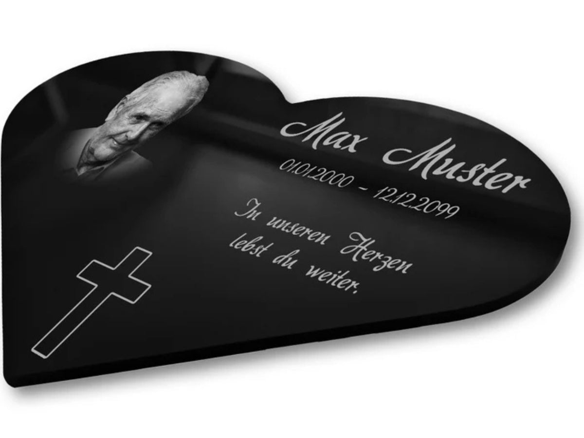 Acrylglas Grabschmuck für Menschen als Herz Schwarz mit Foto Lasergravur liegend
