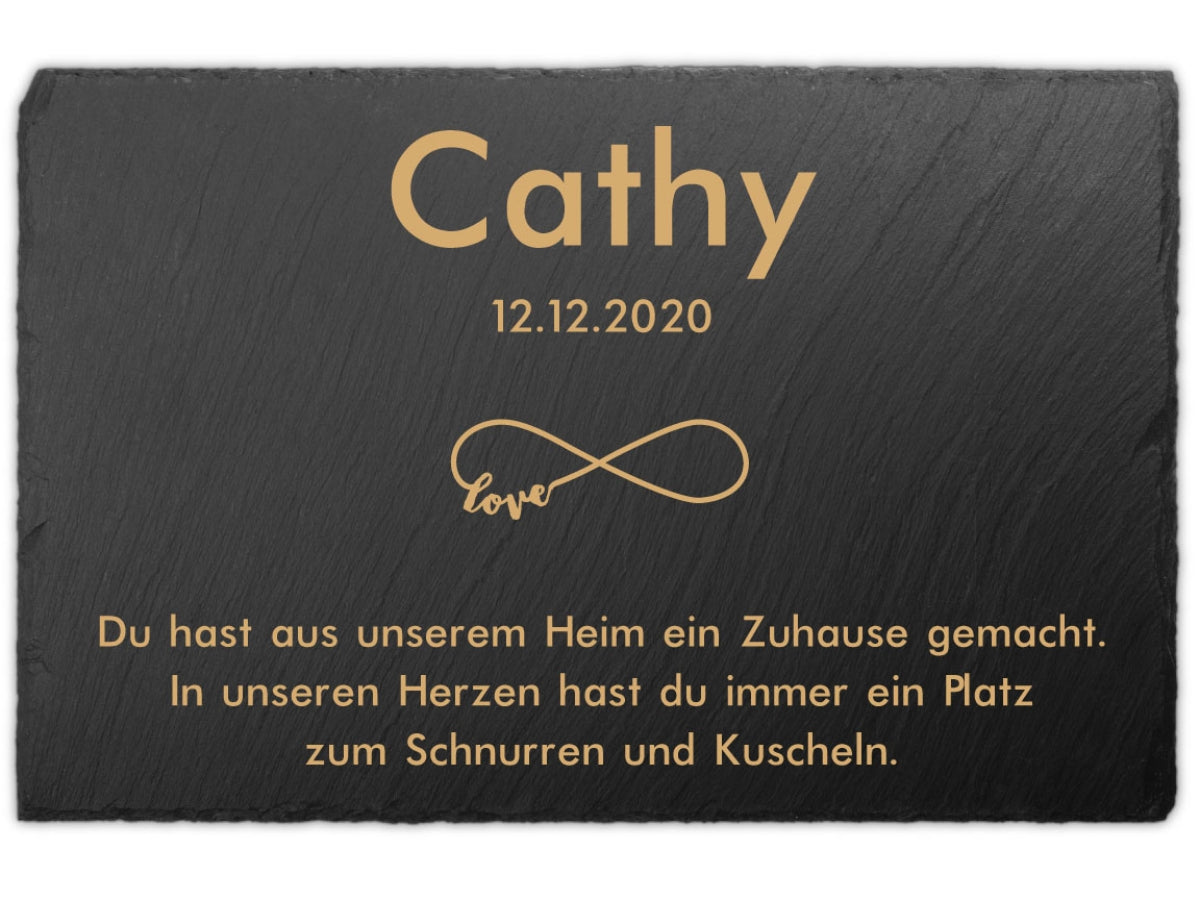 Individueller Tiergrabstein Schiefer 30x20cm Text UV-Druck Katze