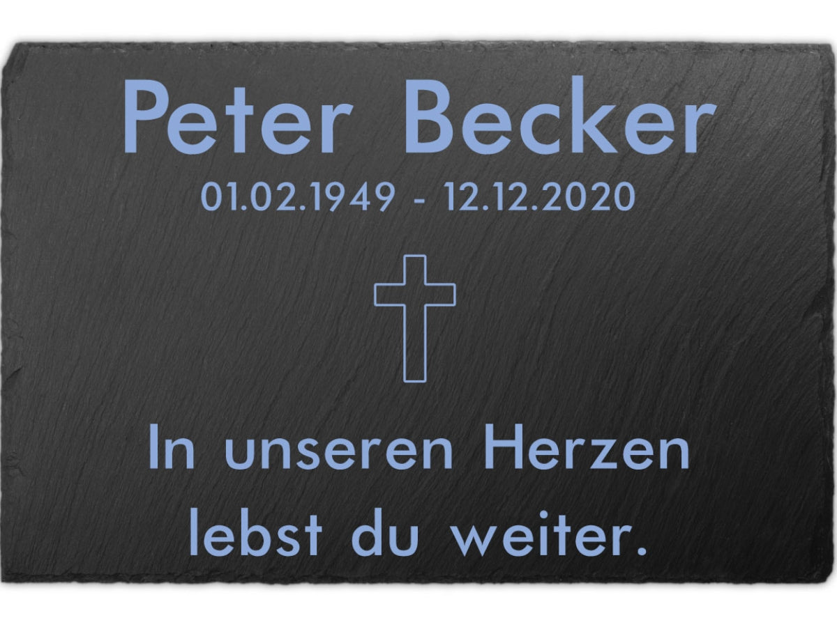 Individuelle Gedenktafel Schiefer 30x20cm Text UV-Druck Farbe wählbar