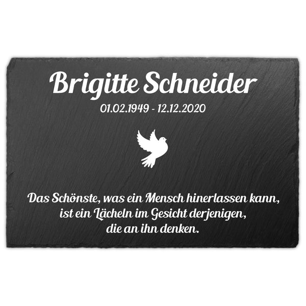 Schiefer Gedenktafel für Menschen 30x20cm individuell mit Text UV-Druck