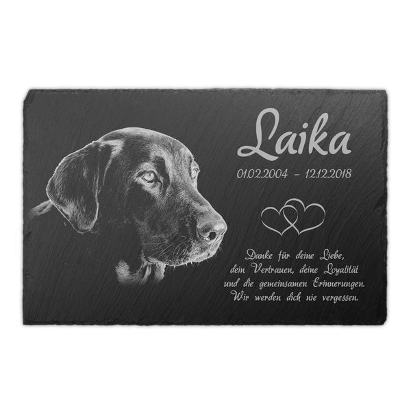 Schiefer Tiergrabstein Gedenktafel 30x20cm selbst gestalten, personalisiert mit Foto Lasergravur