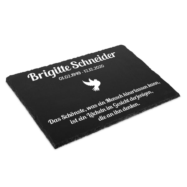 Schiefer Gedenktafel für Menschen 30x20cm individuell mit Text UV-Druck 3D liegend