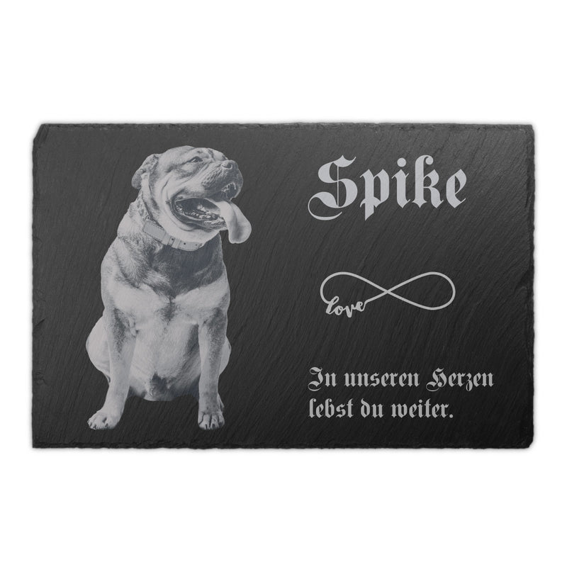 Schiefer Tiergrabstein Gedenktafel 30x20cm selbst gestalten, personalisiert mit Foto Lasergravur als Hundegrabstein