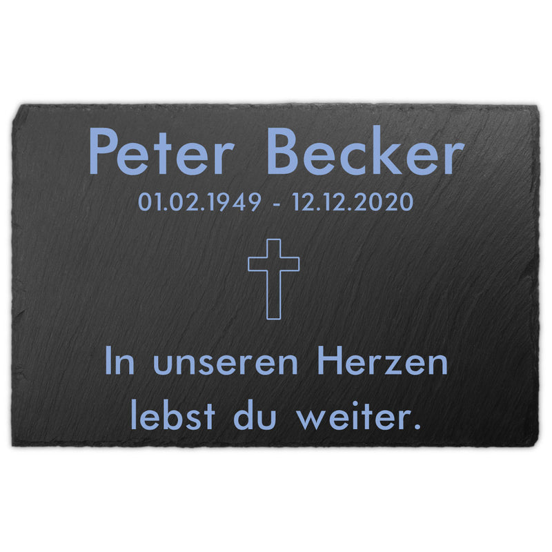 Schiefer Gedenktafel für Menschen 30x20cm individuell mit Text UV-Druck personalisiert